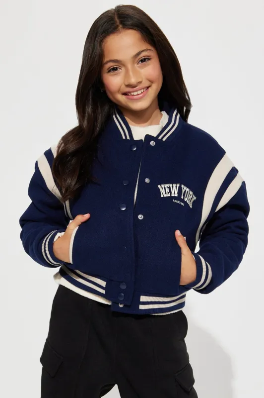Mini Manhattan Babe Varsity Jacket - Navy sold by Fashion Nova