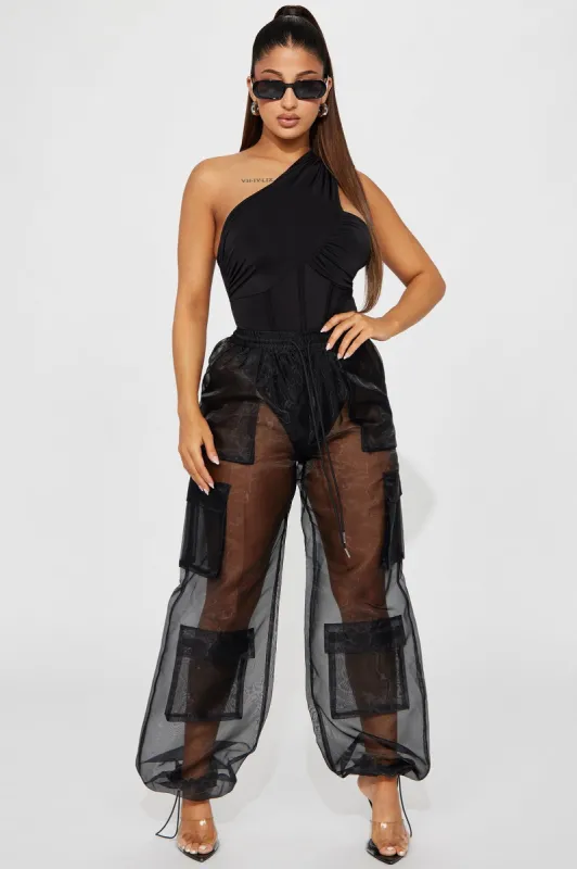 Heat Of The Night Sheer Cargo Jogger - Black sold by Fashion Nova