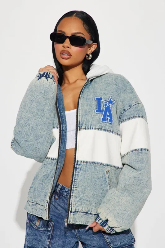 Always A Star LA Bomber Jacket - Light Wash sold by Fashion Nova