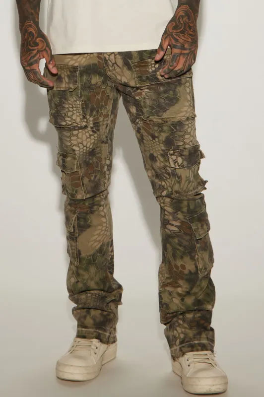 Three Cargo Stacked Skinny Flare Pants - Camouflage sold by Fashion Nova