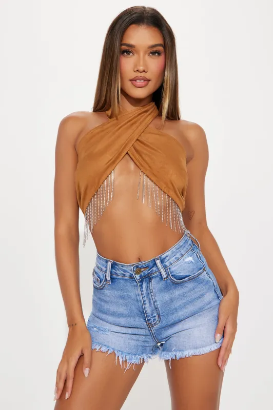 Ride It Faux Suede Halter Top - Brown sold by Fashion Nova