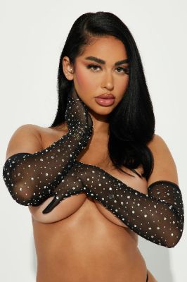 What A Night Rhinestone Long Gloves - Clear/Black sold by Fashion Nova