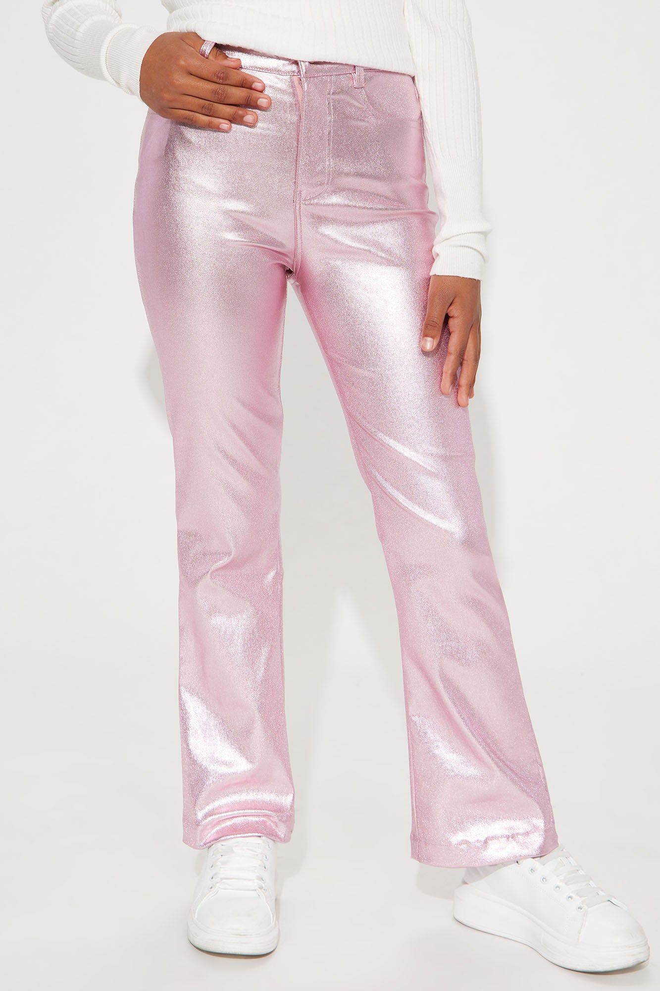 Mini Behind The Flash Metallic Flare Pant - Pink sold by Fashion Nova