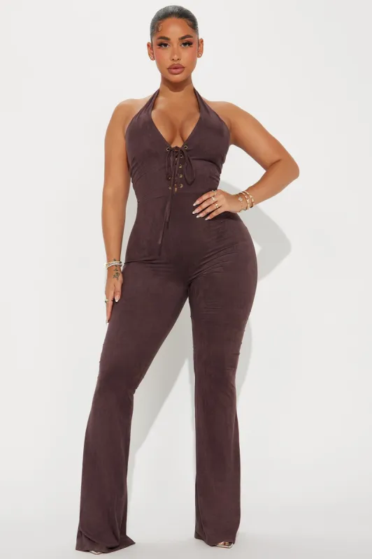 Country Girl Faux Suede Jumpsuit - Brown sold by Fashion Nova