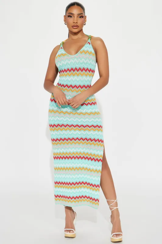 Lola Crochet Maxi Dress - Aqua/Combo sold by Fashion Nova