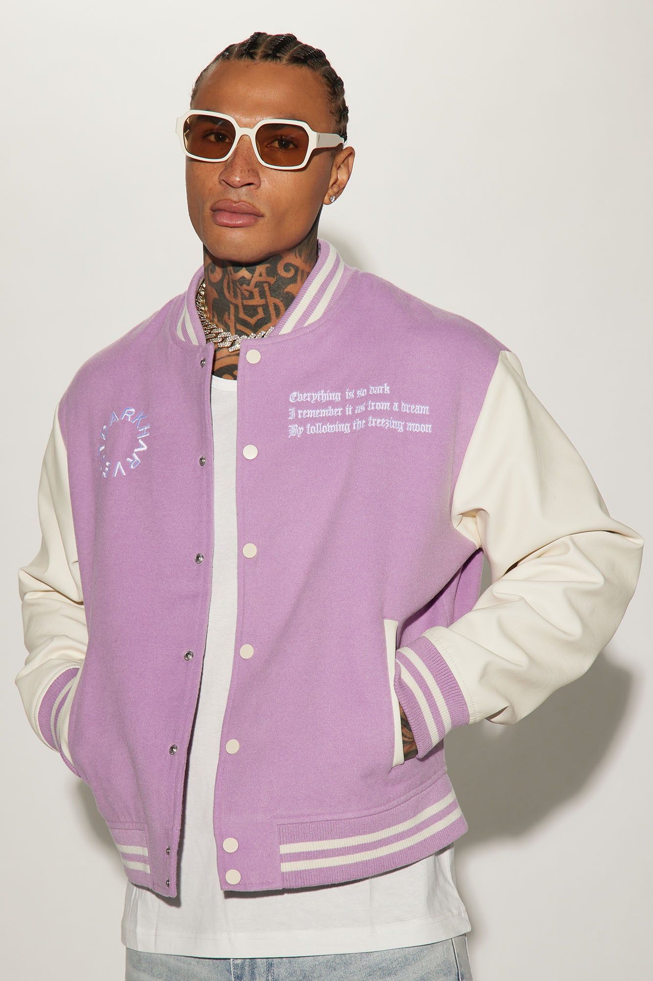 Dark Harvest Varsity Jacket - Lavender sold by Fashion Nova