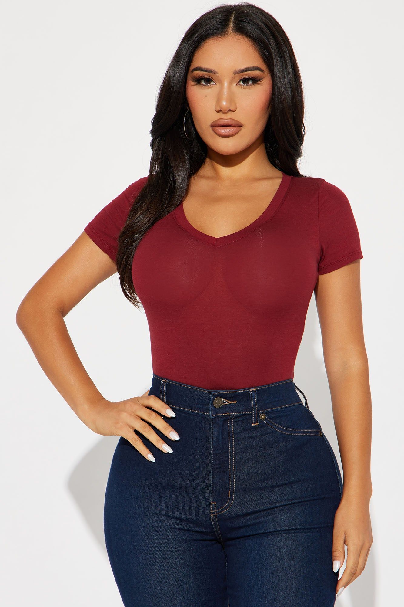 Jess V Neck Short Sleeve Top - Burgundy sold by Fashion Nova