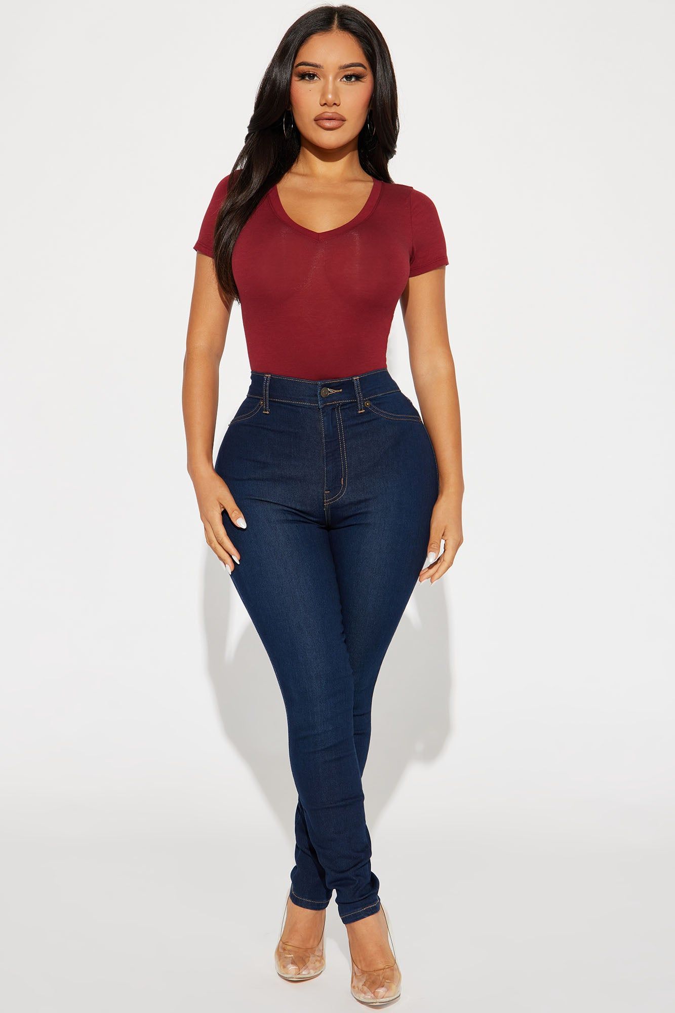 Jess V Neck Short Sleeve Top - Burgundy sold by Fashion Nova product image thumbnail 2