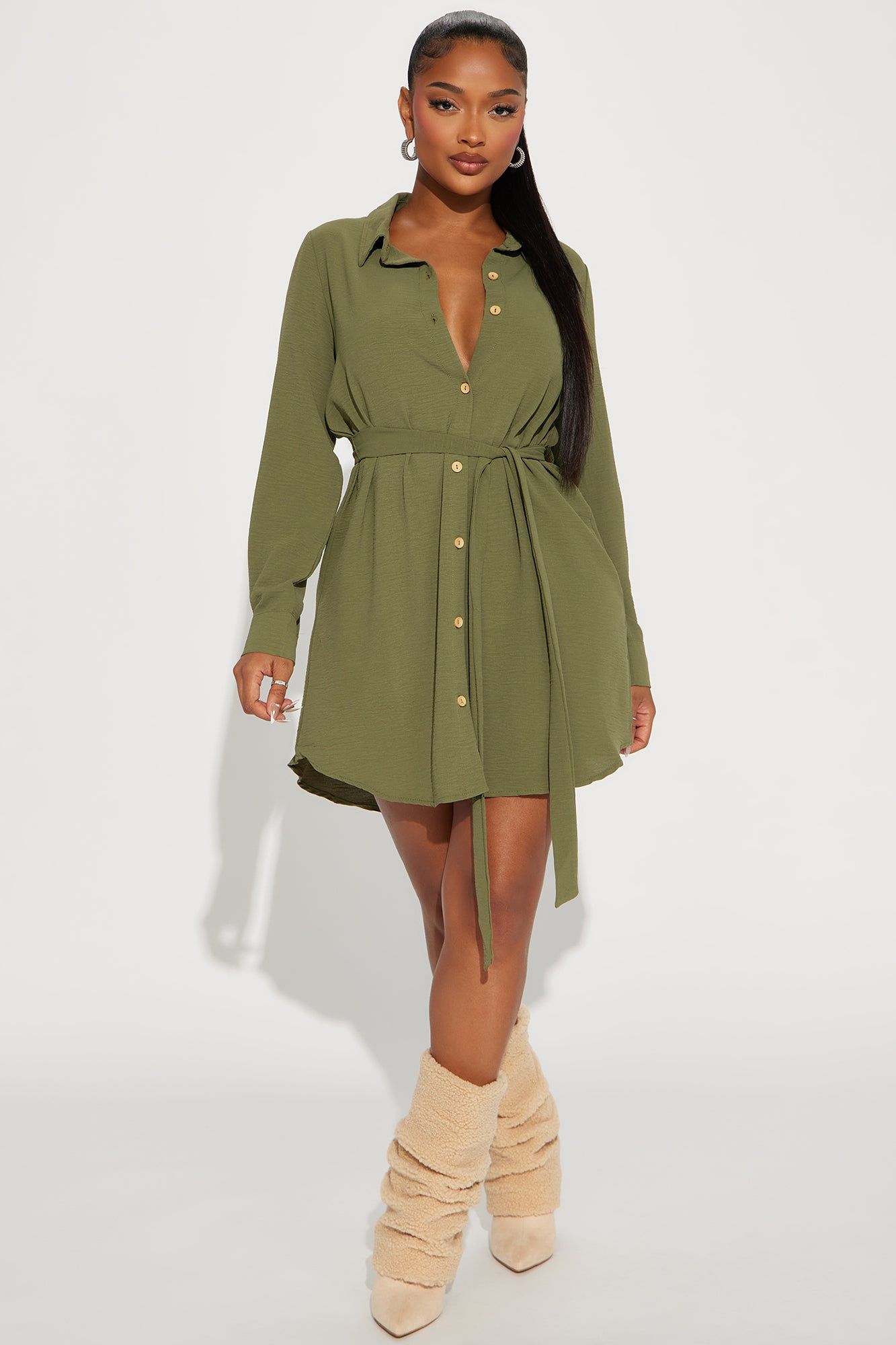 Eliana Mini Shirt Dress - Olive sold by Fashion Nova