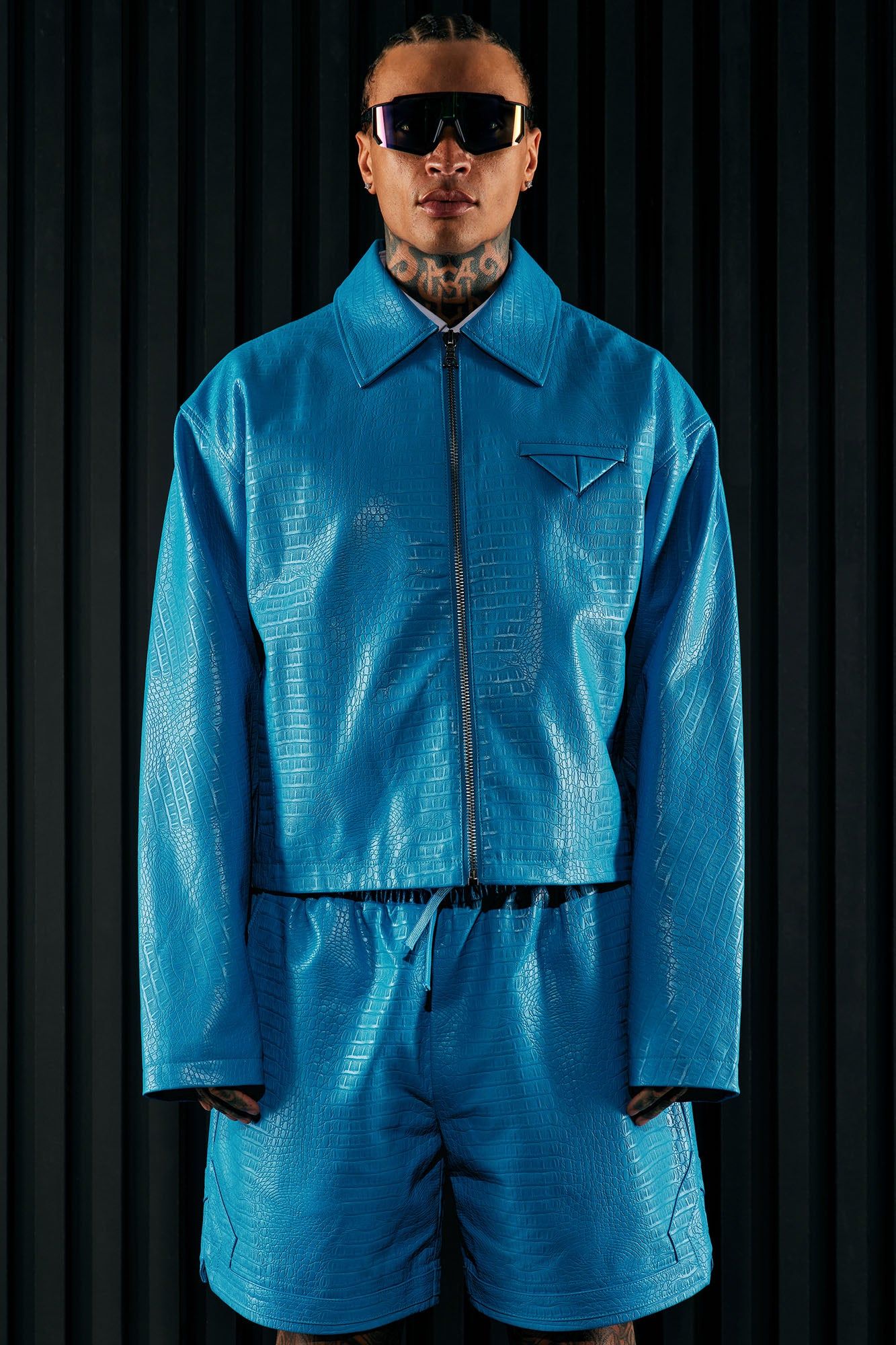 Gotta Run Faux Croc Leather Cropped Jacket - Blue sold by Fashion Nova