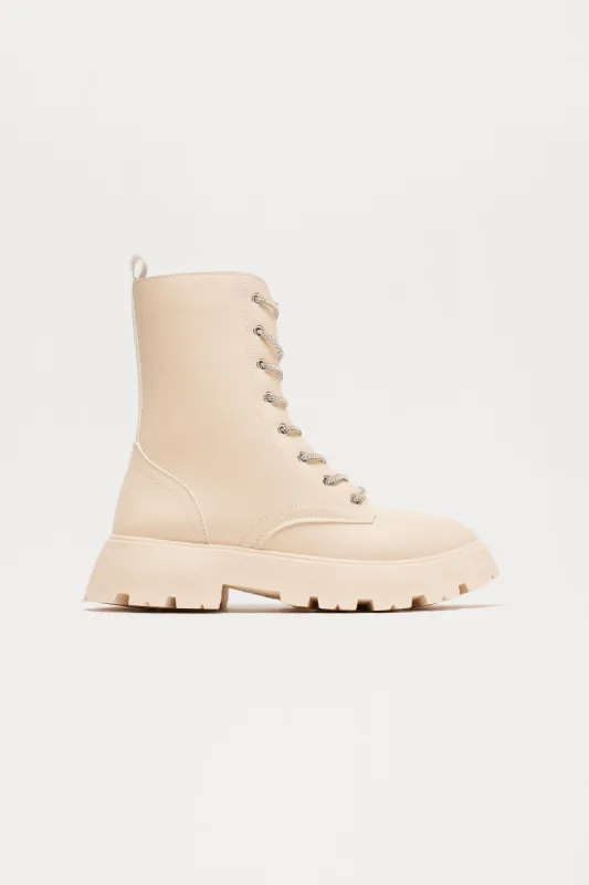 Lanter Rhinestone Combat Boots - Cream sold by Fashion Nova