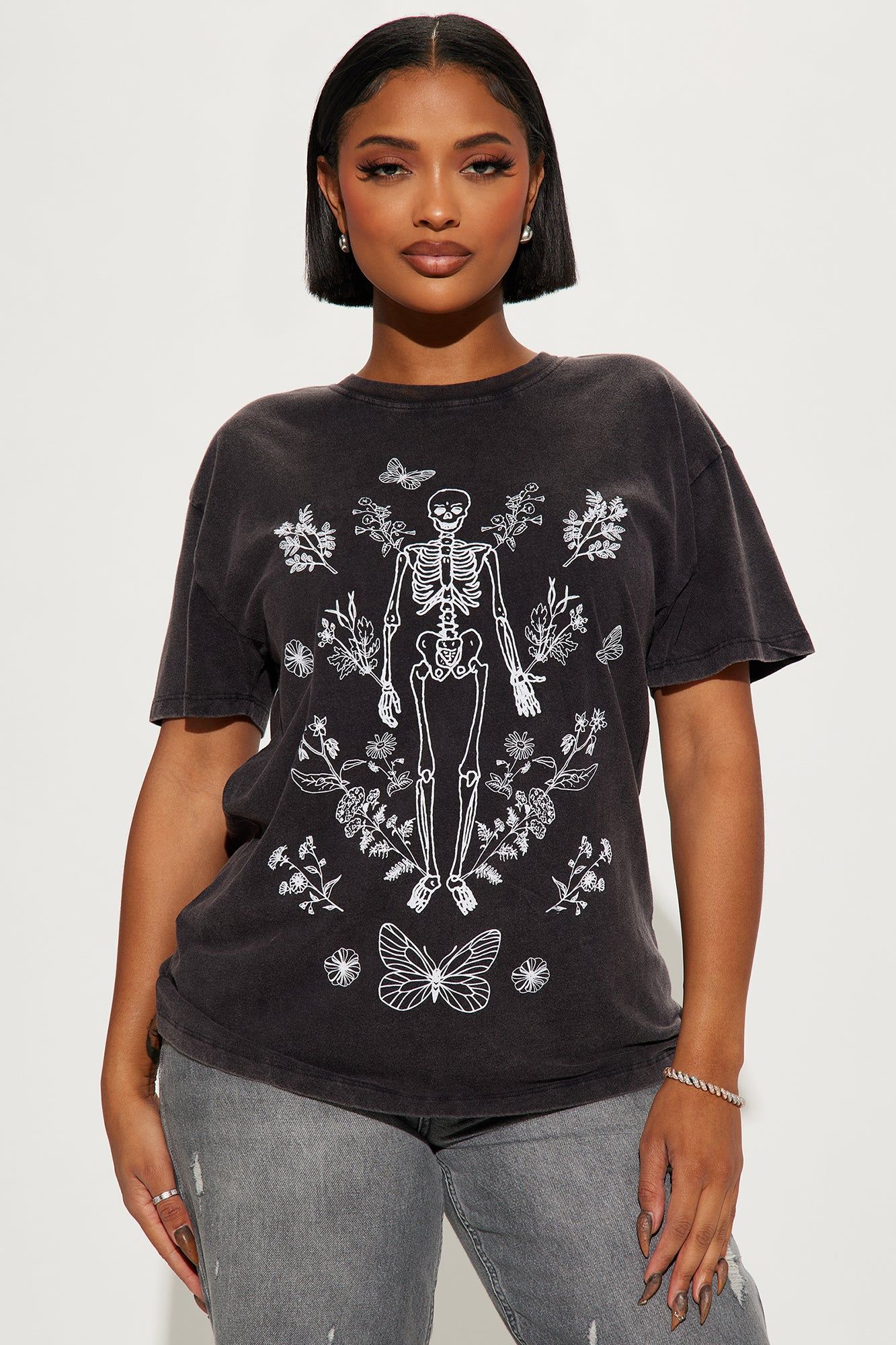 Skeleton And Flower Washed Tee - Black Wash sold by Fashion Nova