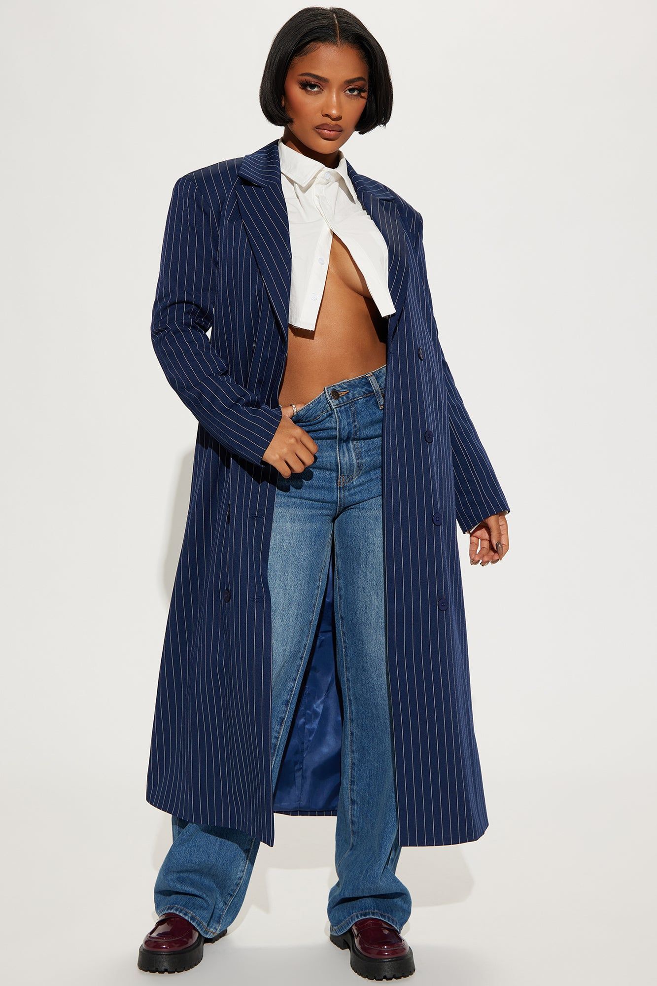 All The Business Blazer Long - Navy/combo sold by Fashion Nova