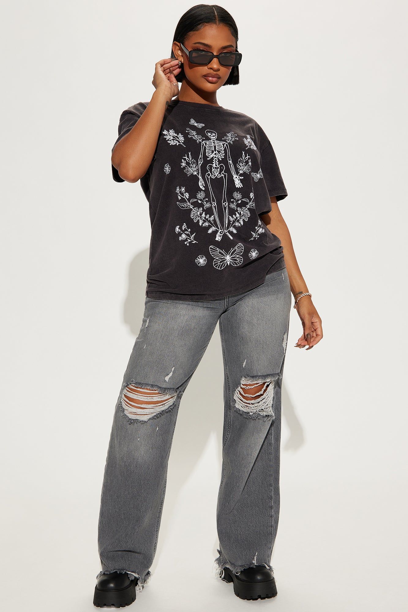 Skeleton And Flower Washed Tee - Black Wash sold by Fashion Nova product image thumbnail 2