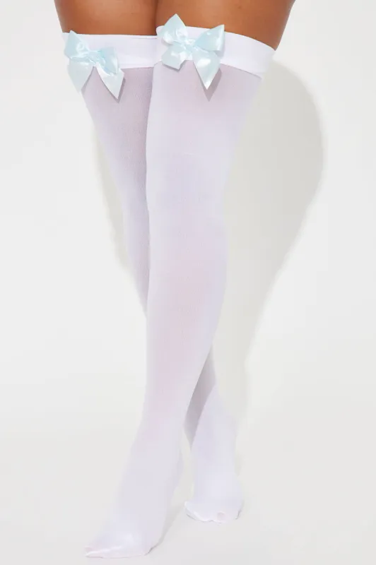 Sweet Desires Sheer Bow Thigh Highs - White/Blue sold by Fashion Nova