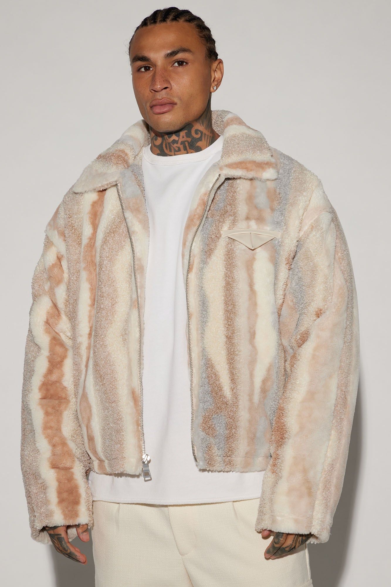 Fuzzy Feeling Cropped Jacket - Brown/combo sold by Fashion Nova