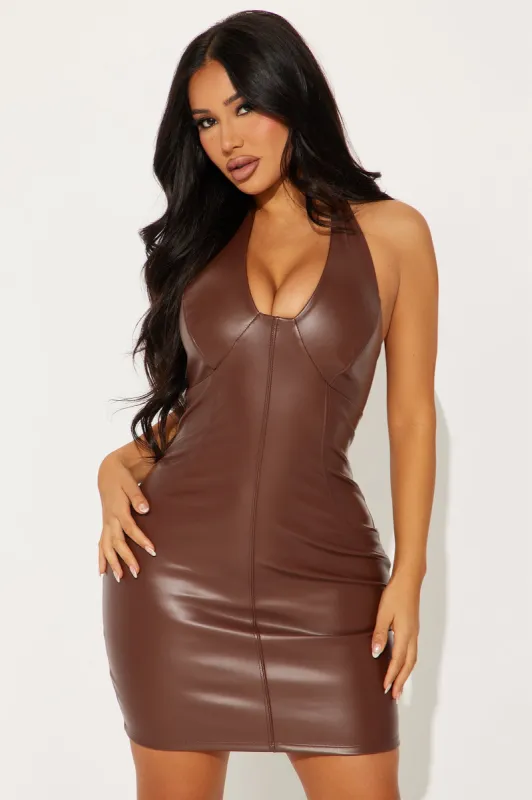 Joanna Faux Leather Mini Dress - Brown sold by Fashion Nova