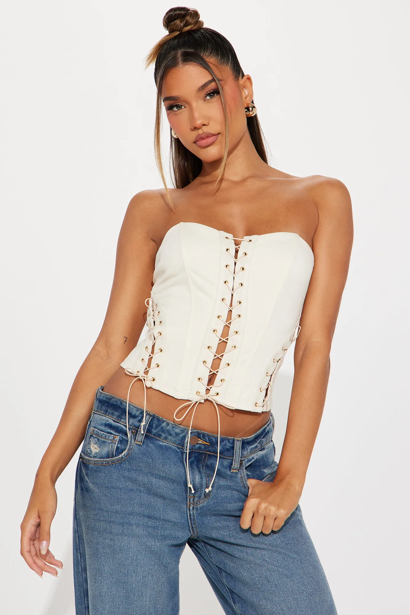 Hot For Me Lace Up Corset Top - Beige sold by Fashion Nova