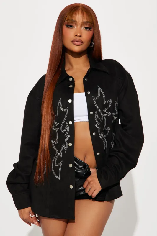Houston Embroidered Faux Suede Shirt - Black sold by Fashion Nova