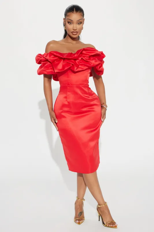 Sabrina Off Shoulder Midi Dress - Red sold by Fashion Nova