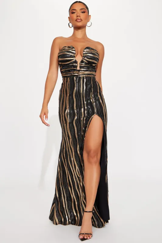 Anna Striped Sequin Maxi Dress - Black/Gold sold by Fashion Nova