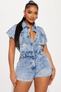 Know You Better Denim Romper - Light Wash sold by Fashion Nova