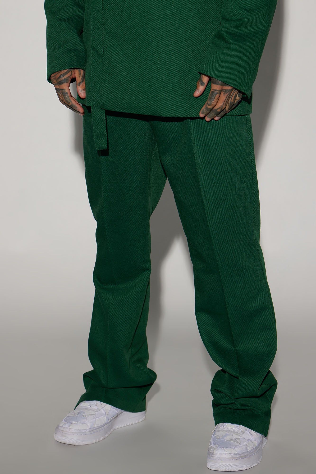 Thomas Luxury Texture Slit Flare Trousers - Green sold by Fashion Nova