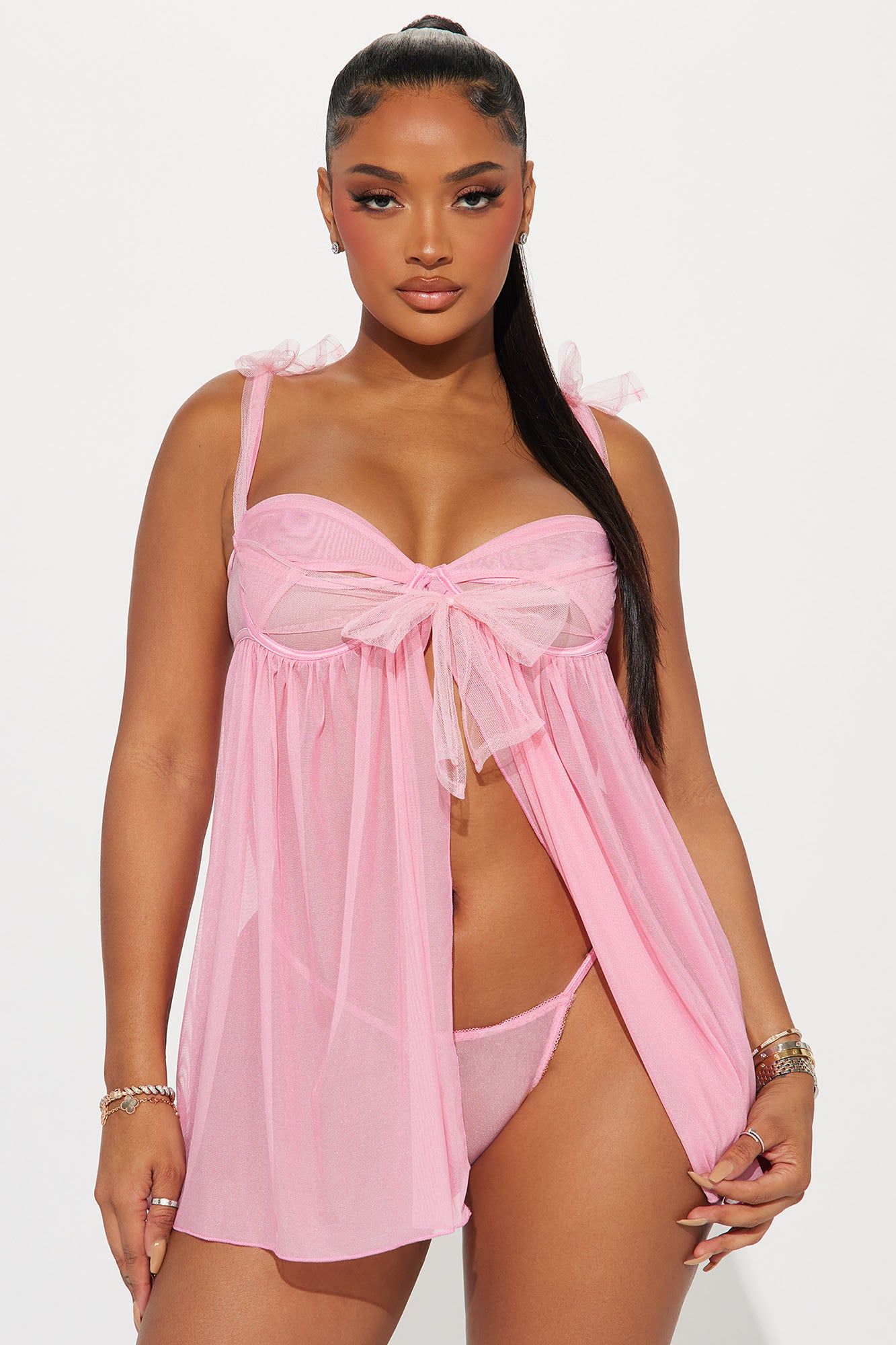 Perfect Gift Tulle Bow Flyaway Babydoll Set - Pink sold by Fashion Nova