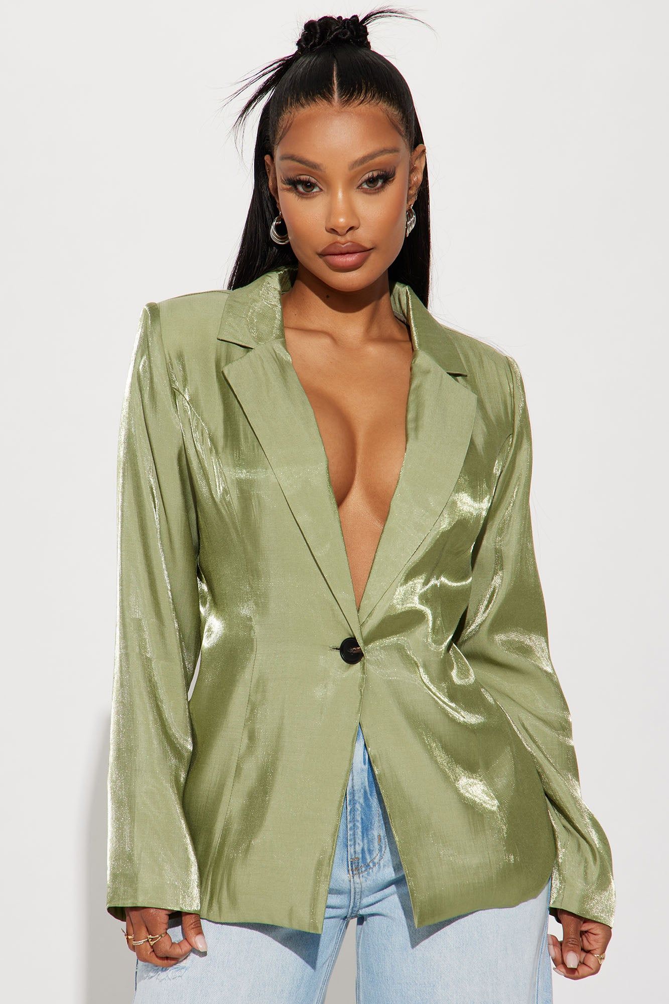 Chrome Nights Metallic Blazer - Sage sold by Fashion Nova