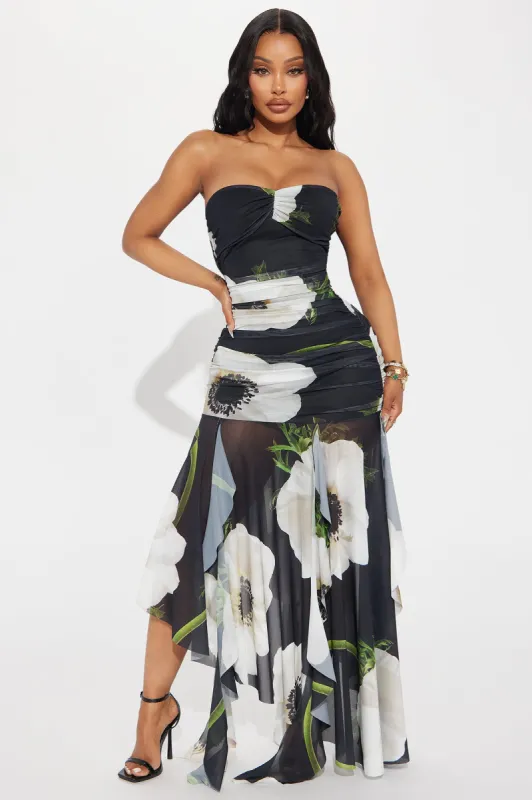 Elsie Mesh Ruffle Maxi Dress - Black/combo sold by Fashion Nova