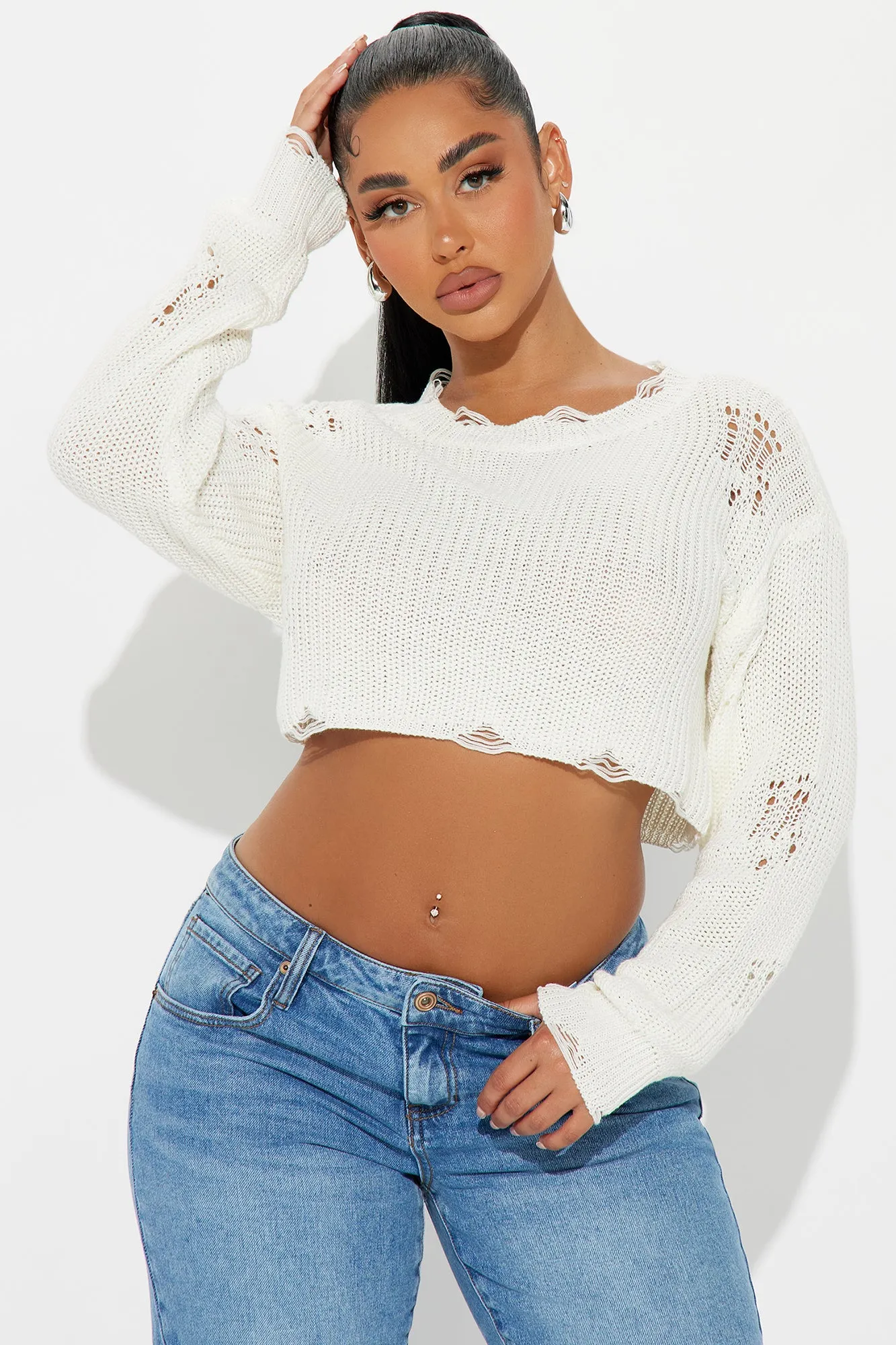 Lila Distressed Sweater - Off White sold by Fashion Nova