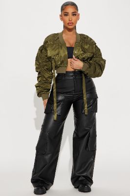 Sahara Cropped Ruched Bomber Jacket - Olive sold by Fashion Nova
