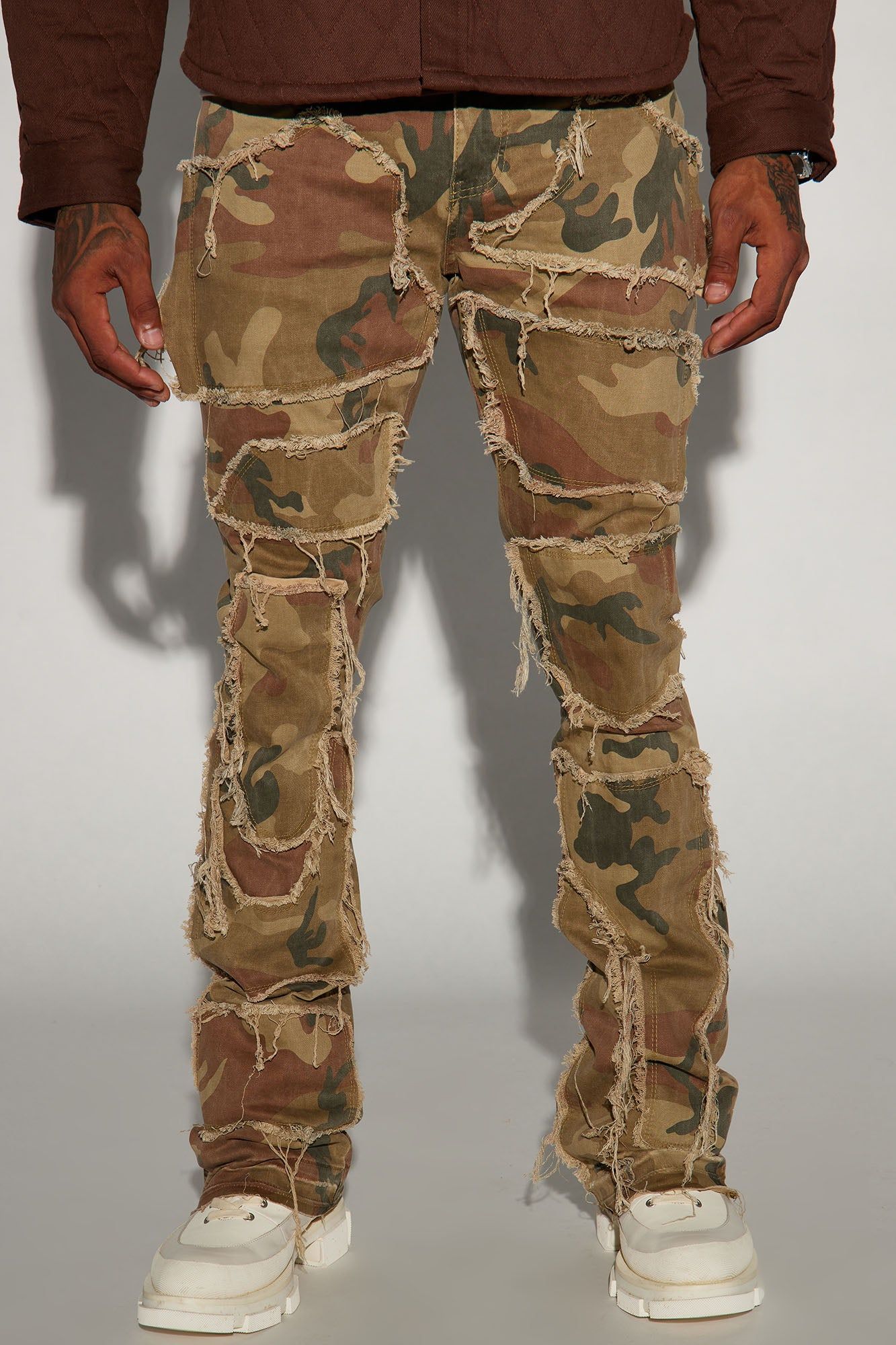 Patch It Up Stacked Skinny Flare Pants - Brown/combo sold by Fashion Nova