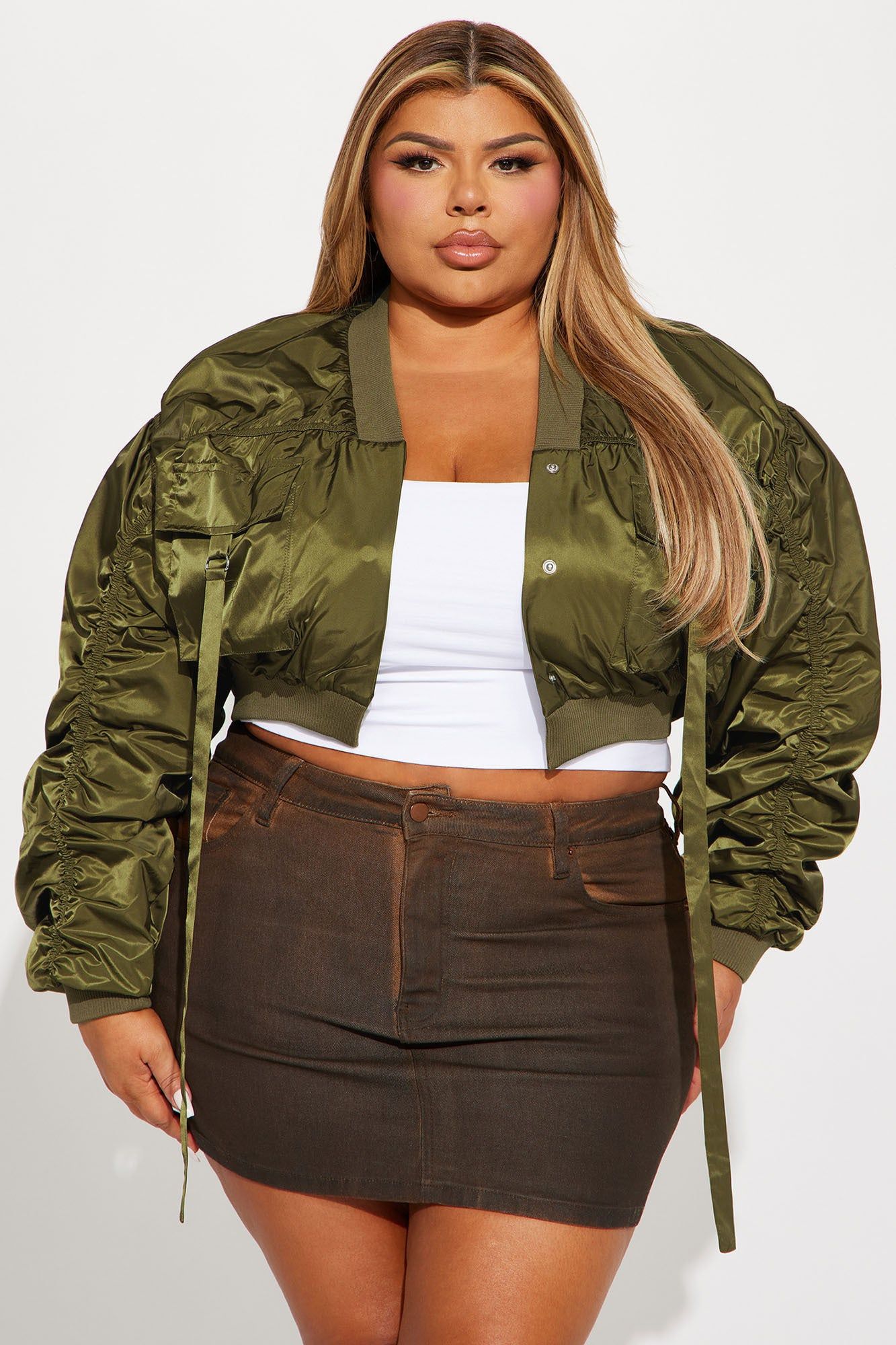 Sahara Cropped Ruched Bomber Jacket - Olive sold by Fashion Nova product image thumbnail 4