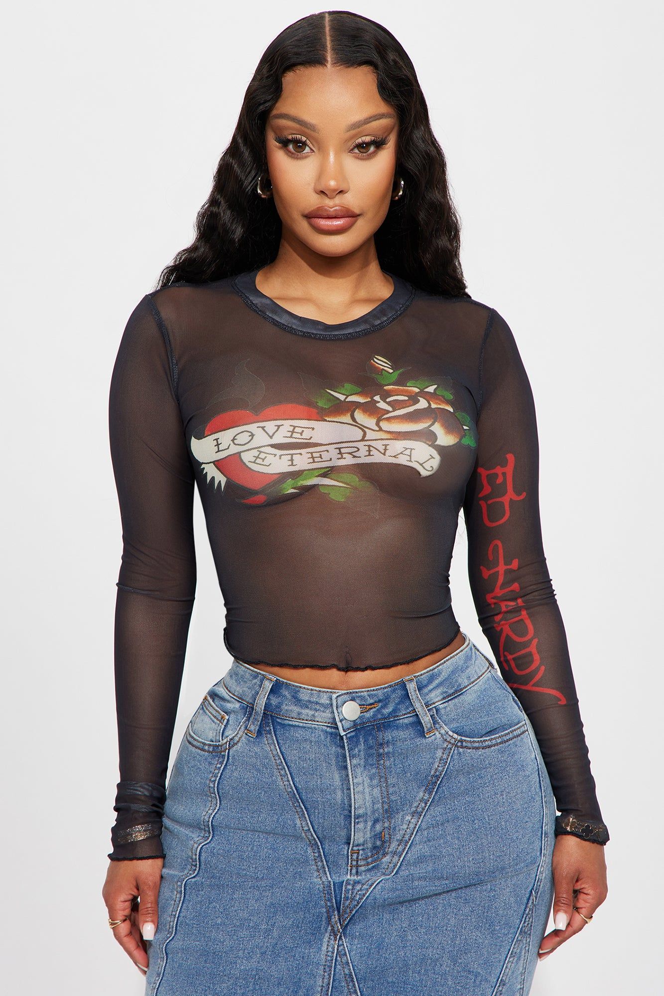Ed Hardy Eternal Love Mesh Top - Black sold by Fashion Nova