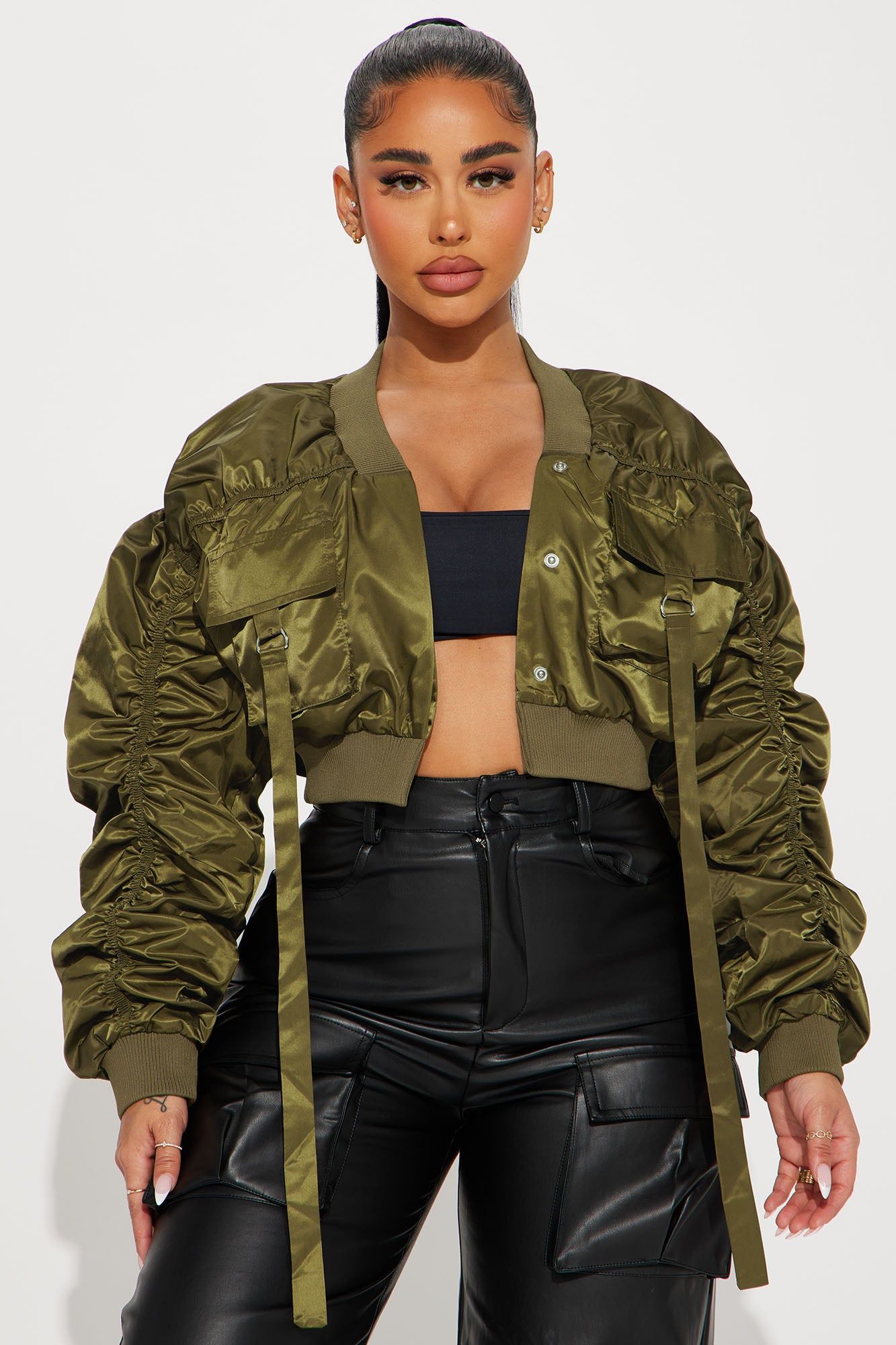Sahara Cropped Ruched Bomber Jacket - Olive sold by Fashion Nova product image thumbnail 2