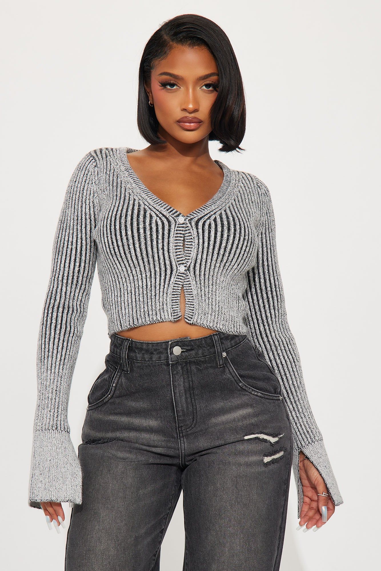 Takin' Hints Marled Cardigan - Grey/combo sold by Fashion Nova