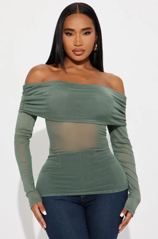 Gina Off Shoulder Mesh Top - Olive sold by Fashion Nova