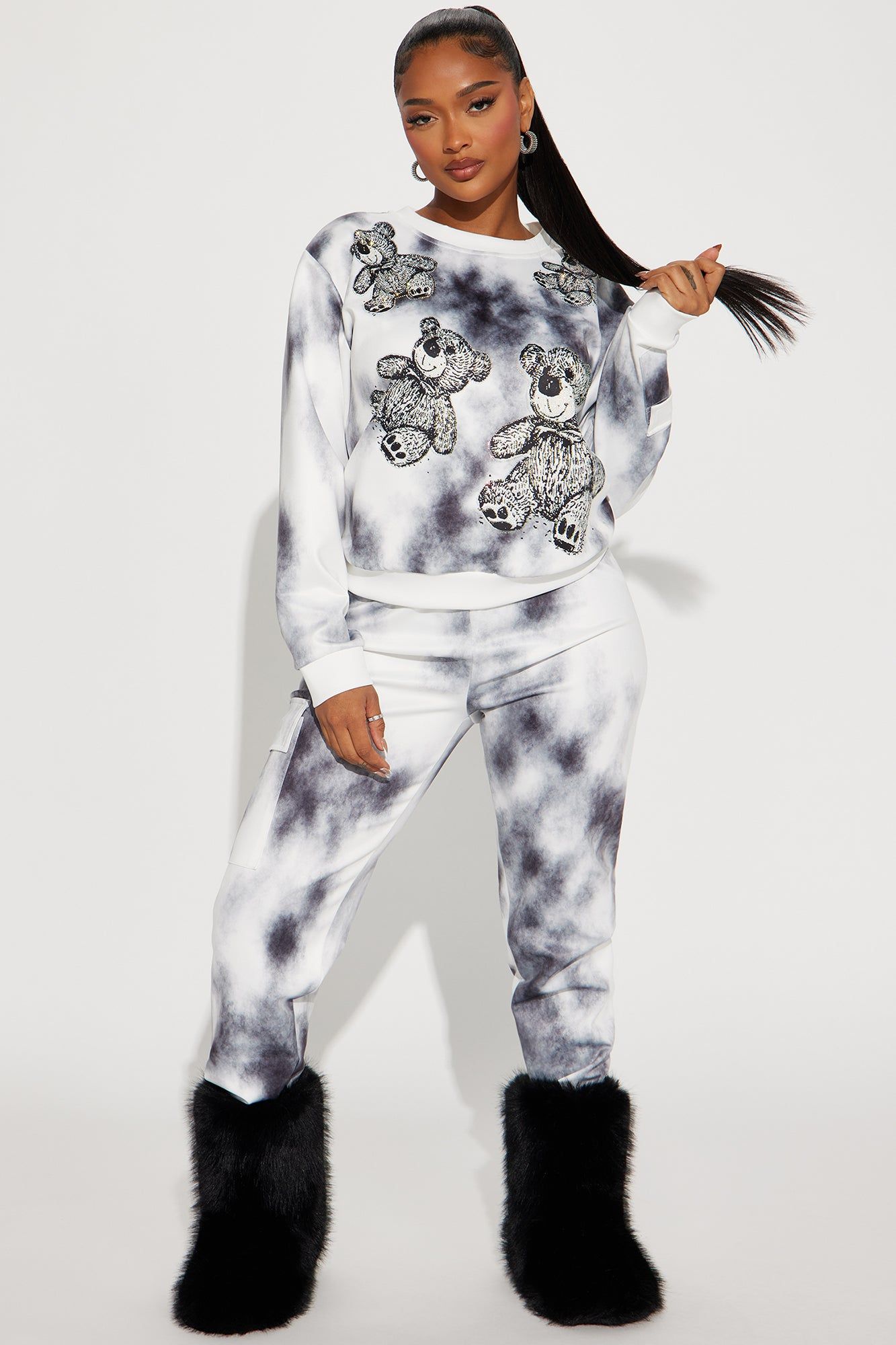 Teddy Tie Dye Jogger Set - White/Black sold by Fashion Nova