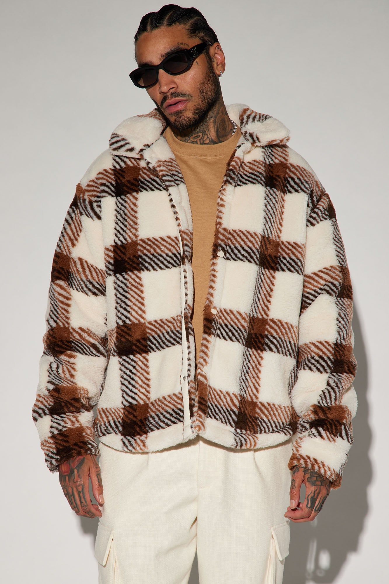Plaid Times Faux Fur Jacket - Brown/combo sold by Fashion Nova