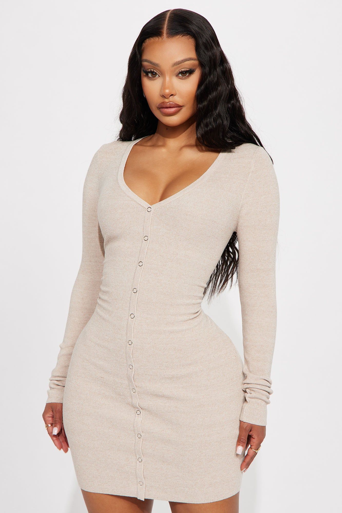 Jane Ribbed Mini Dress - Oatmeal sold by Fashion Nova