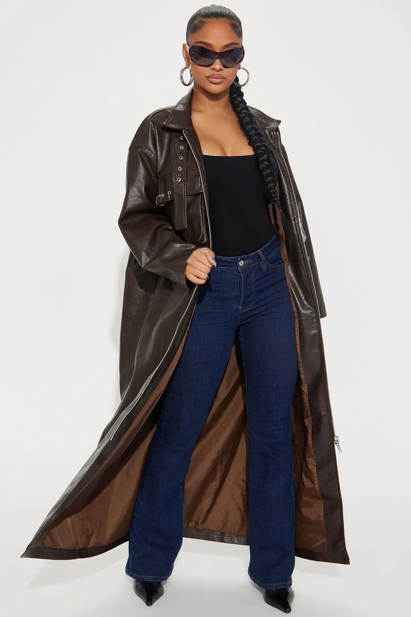 Extra Baggage Faux Leather Moto Trench - Chocolate sold by Fashion Nova