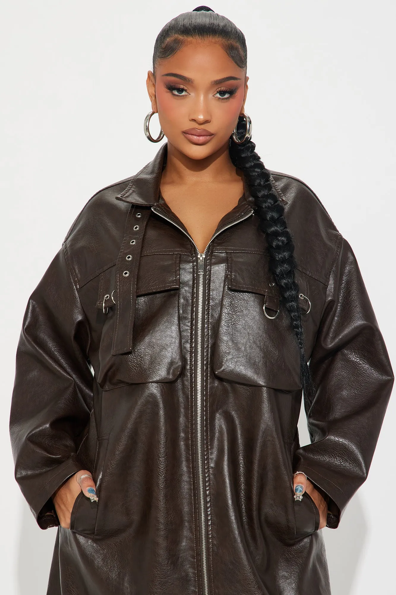 Extra Baggage Faux Leather Moto Trench - Chocolate sold by Fashion Nova product image thumbnail 2