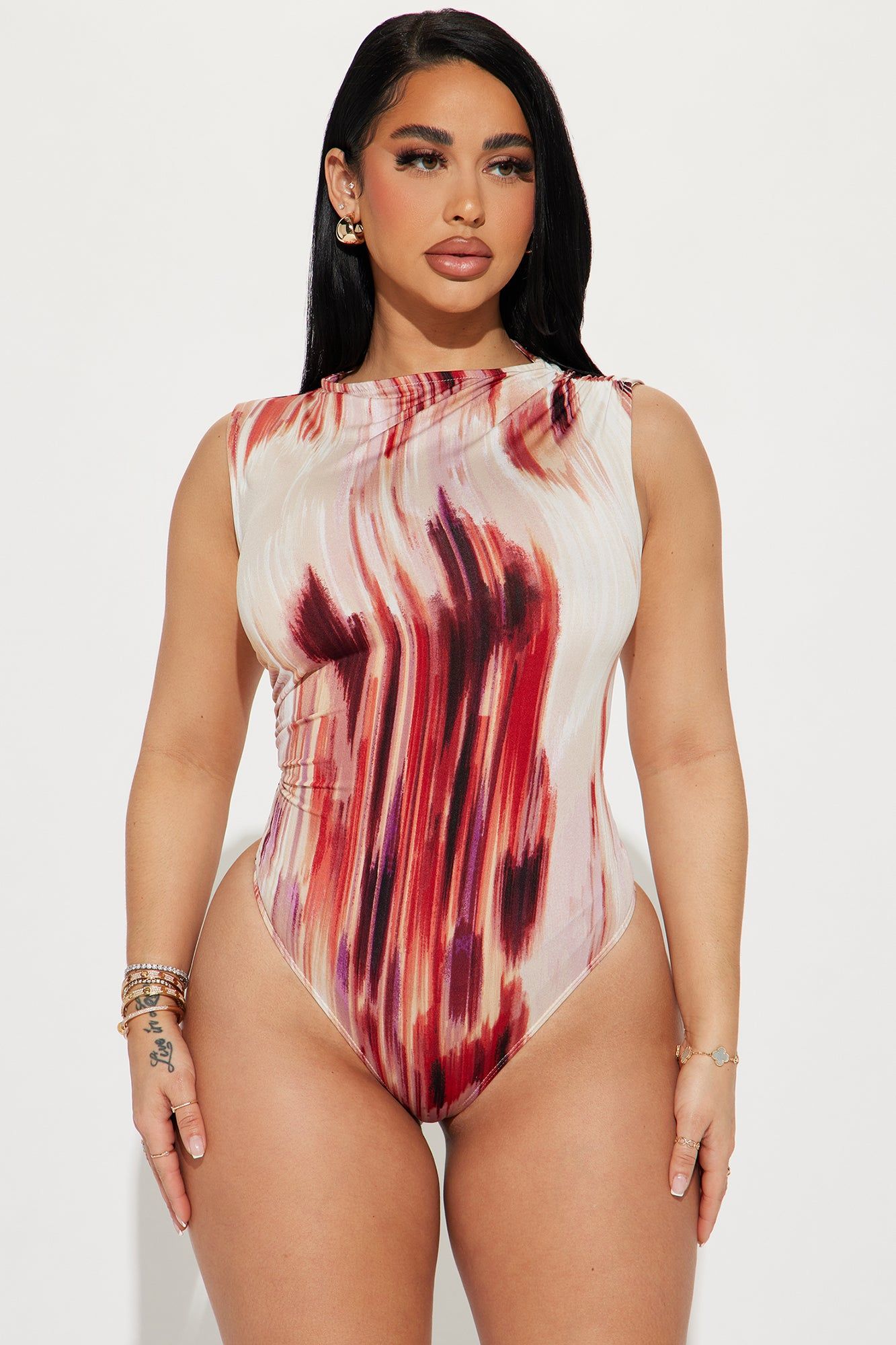 Natalia Ruched Bodysuit - Red/combo sold by Fashion Nova