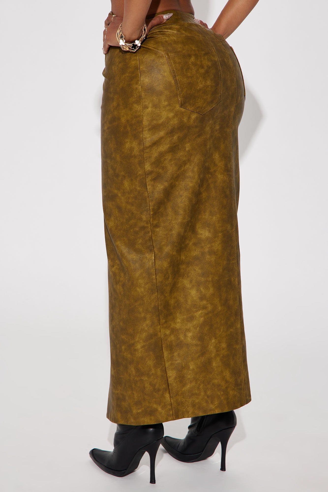 Carry It Well Washed Faux Leather Maxi Skirt - Olive sold by Fashion Nova product image thumbnail 3