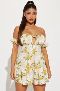 Almafi Coast Romper - Oatmeal/combo sold by Fashion Nova