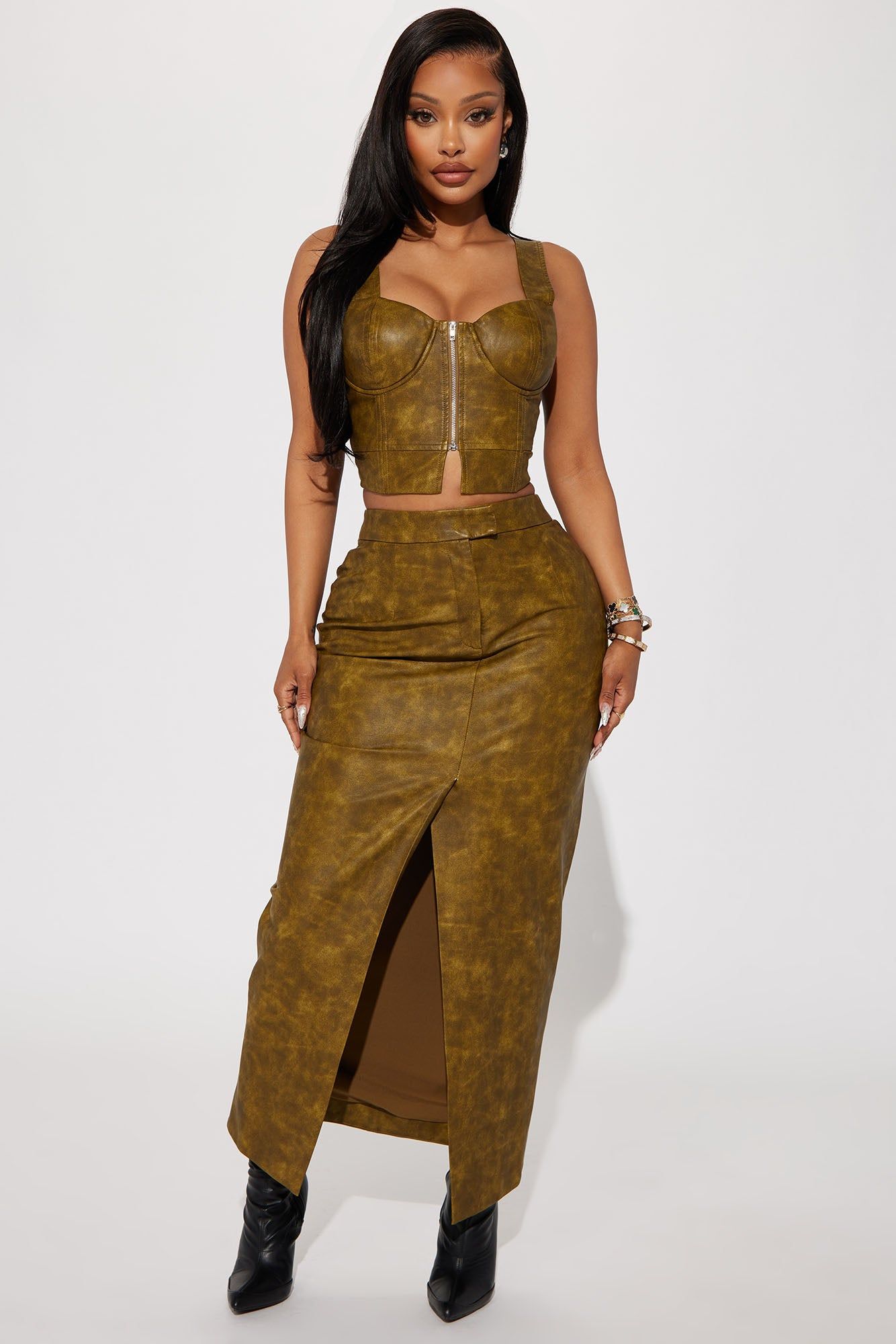 Carry It Well Washed Faux Leather Maxi Skirt - Olive sold by Fashion Nova