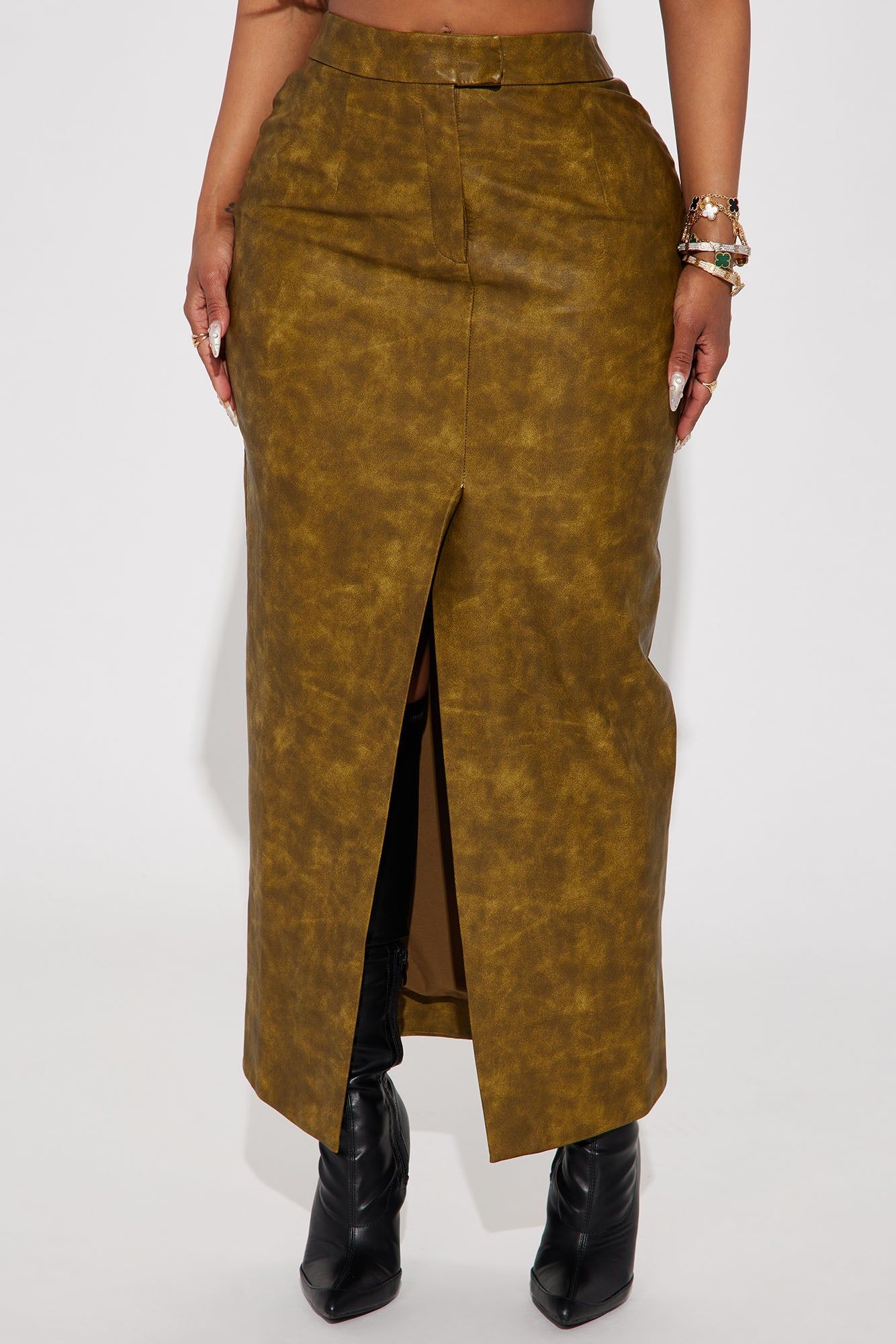 Carry It Well Washed Faux Leather Maxi Skirt - Olive sold by Fashion Nova product image thumbnail 2