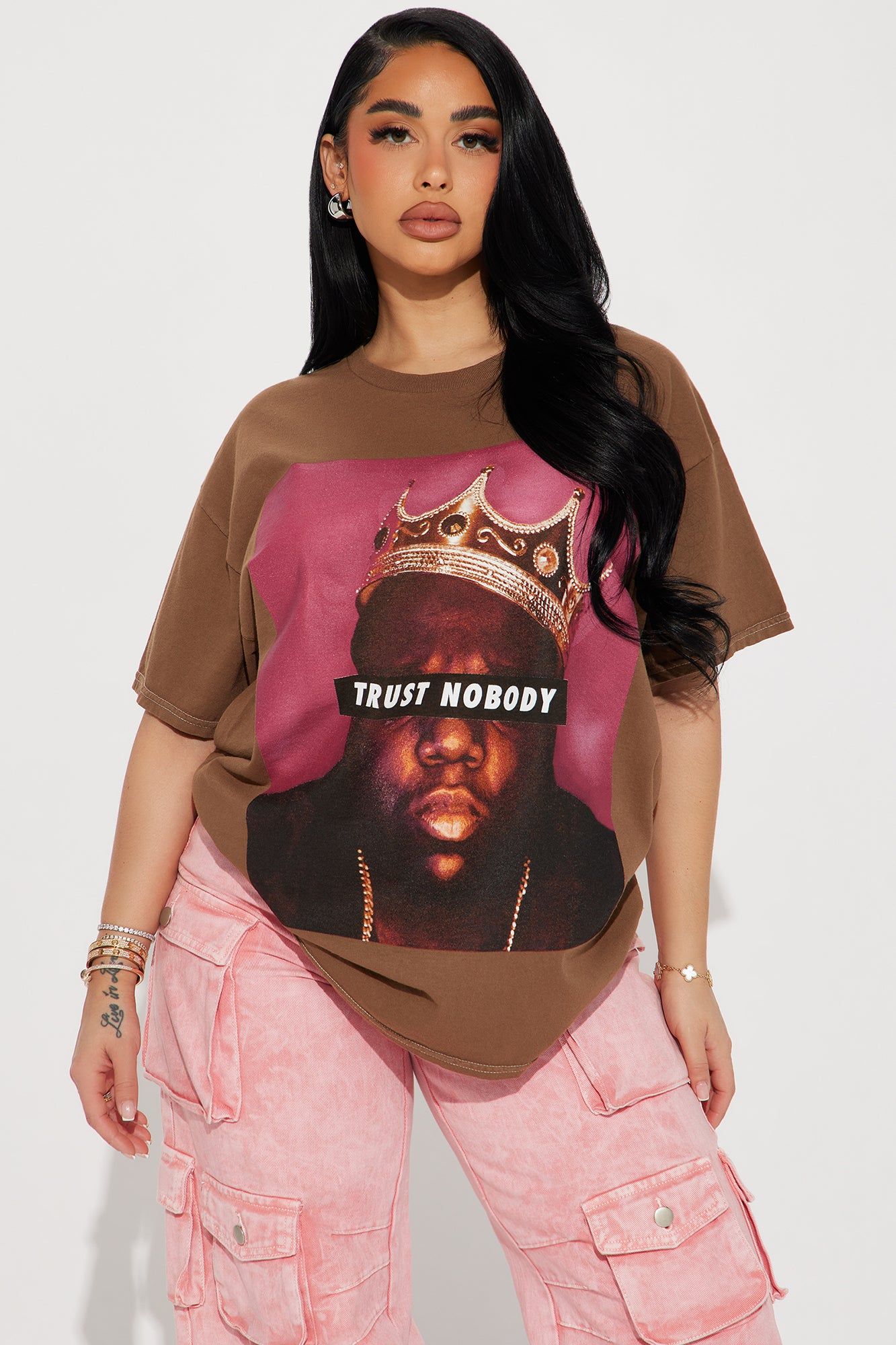Trust Nobody Biggie Jumbo Print Tee - Brown/combo sold by Fashion Nova