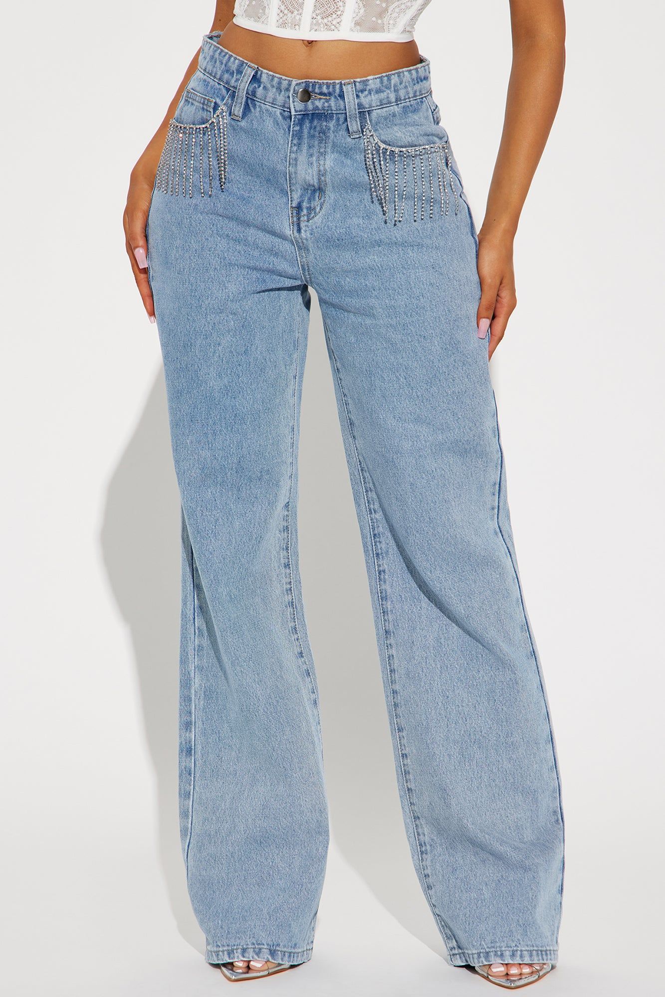 Brighten Up Embellished Fringe Straight Leg Jeans - Light Wash sold by Fashion Nova product image thumbnail 2